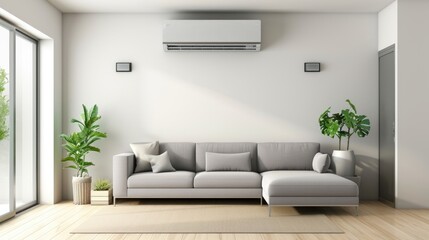 Modern air conditioning on the wall in the room with a gray sofa in the living room