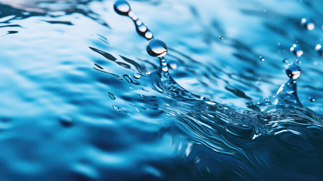 Close-up of the surface of clear crystal water with drops and splashes. Blue artesian water, benefits of clean water for the health, abstract hydration background, underwater.