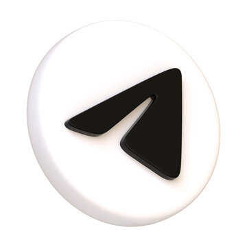 White volumetric Telegram icon isolated on black background. Paper airplane. Social media app round button, logo, sign and symbol. Side view. 3D Render Illustration