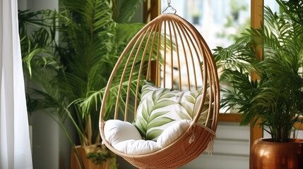 Empty trendy Swing Chair made of rattan surrounded by Tropical plants in pots. Commercial image of interior hanging chair for catalog or presentation.