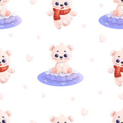 Seamless pattern with cute  polar bear on ice floe