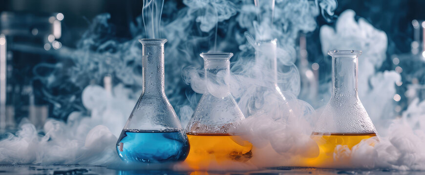 Glass test tube with a smoking liquid. Vaporizing blue liquids in a chemistry lab. Developing a new formulation, inventing a formula, mixing chemical actives.