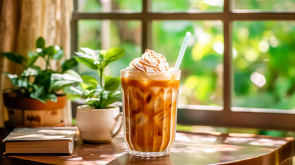 Quench your thirst with the delightful indulgence of an iced caramel latte. Topped with velvety whipped cream and drizzled with caramel sauce, a sweet and refreshing coffee treat awaits. - obrazy, fototapety, plakaty