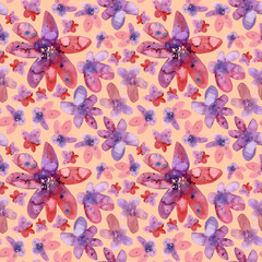 Seamless pattern of watercolor pink purple flowers. Botanical hand painted floral elements. Hand drawn illustration on Peach  background. For wallpaper, wrapping paper, eco bag, fabric.