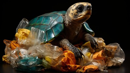 The problem of plastic waste pollution. Turtle against the background of bags and plastic garbage.