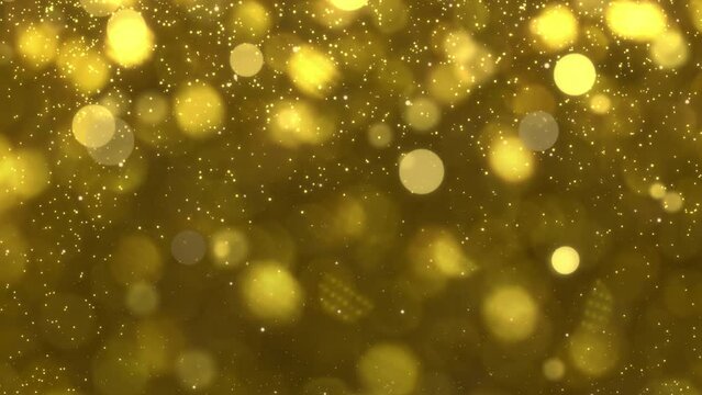 Christmas gold background glowing bokeh confetti light and glitter texture overlay for your design. Festive sparkling gold dust . Holiday powder dust for invitations, banners, advertising.