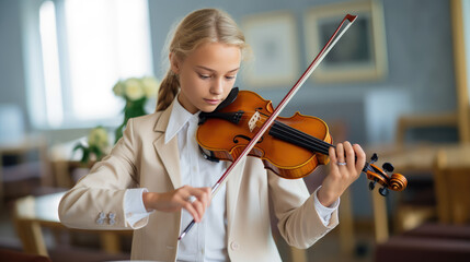 Happy smiling teenage girl playing violin in classroom at school background. Music school, additional creative classes, additional education course for children.