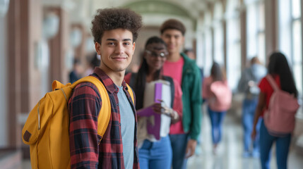 Obraz premium Smiling student with backpack in school corridor.
