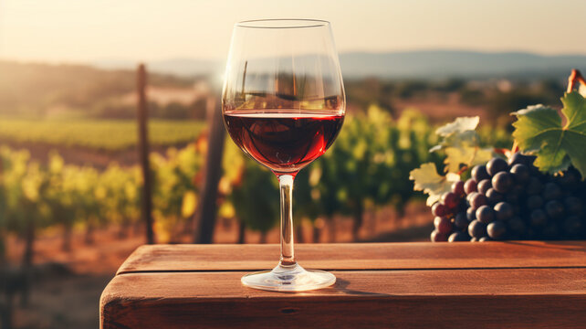 glass of wine on wooden table with beautiful vineyard landscape background