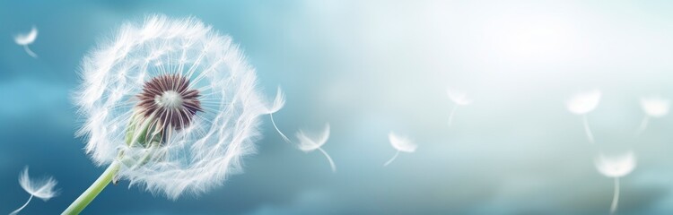 abstract close up of dandelion on blue background  horizontal wallpaper with large copy space for text. Condolence, grieving card, loss, funerals, support - obrazy, fototapety, plakaty
