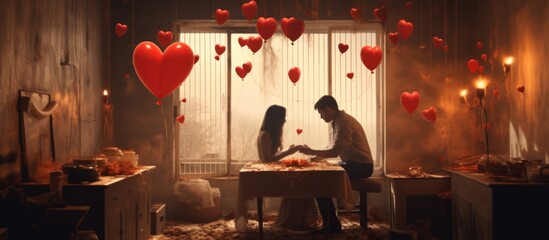 Valentine's day. Couple gives heart symbol - obrazy, fototapety, plakaty