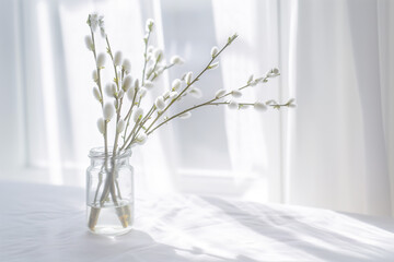 Pussy Willows in Clear Glass Vase on White