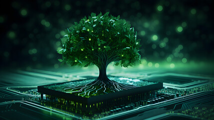 Bright motherboard and tree as a development concept