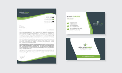 Professional minimalist business card and a4 letterhead template stationery design. Clean modern green color branding style set. Editable corporate identity vector print ready layout bundle design.