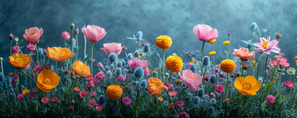 Obraz na płótnie Canvas Spring floral background with colorful flowers in bright pastel colors. Aesthetic composition for springtime.