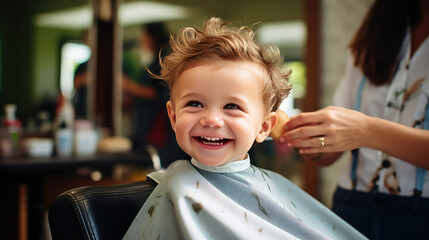 Portrait of cute smiling modern toddler child sitting in barber chair getting first haircut. Barbershop for children, beauty salon.