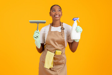 Smiling black cleaner woman with cleaning spray and squeegee, studio