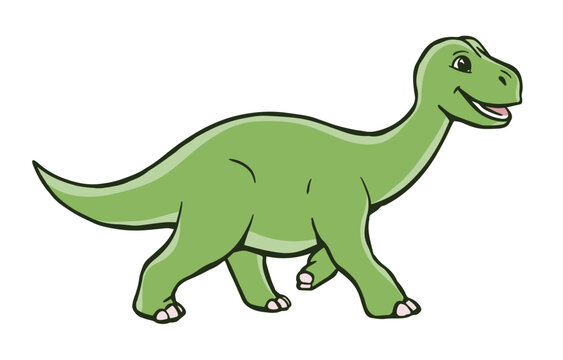 Cute cartoon young dinosaur. Little green brontosaurus. Vector isolated clipart illustration. White background. Hand drawn outline