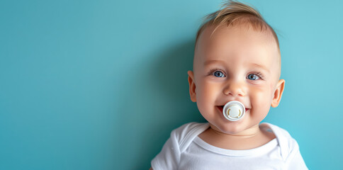 Smiling baby boy with pacifier portrait on flat blue background with copy space. Banner template with infant child smile. - obrazy, fototapety, plakaty