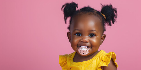 Smiling baby african girl with pacifier portrait on flat pink background with copy space. Banner template with infant child smile. - obrazy, fototapety, plakaty