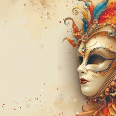 Vibrant Carnival Mask with Feathers and Beads on a Splattered Cream Background - carnivals - festivity
