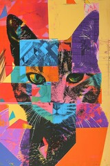 abstract vintage cat collage art, featuring retro aesthetic colors, stunning wall art and printing designs