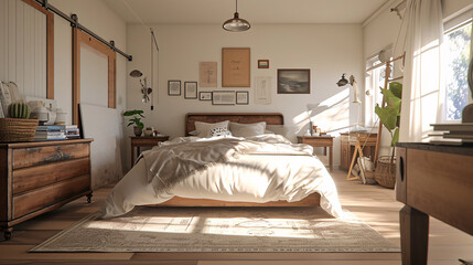 Modern bedroom with wooden floor.