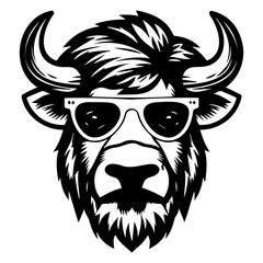 Cool buffalo wearing sunglass black silhouette logo svg vector, buffalo icon illustration.