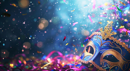 Masquerade Mystique: Elegant Venetian Mask Amidst Sparkling Confetti - carnivals - background - festivity
 - obrazy, fototapety, plakaty