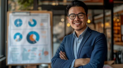 Fototapeta premium Smiling man with crossed arms standing in front of a business presentation chart