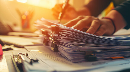 Close-up of a person's hands sorting through a large stack of papers and documents secured with black binder clips