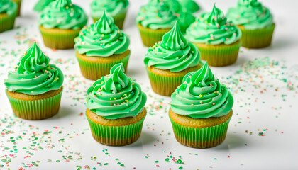 Fototapeta na wymiar St Patrick's day, food and holidays concept. Close up of green cupcakes and bokeh
