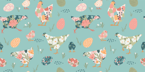 Happy Easter. Vector seamless pattern with abstract chickens - 711731766