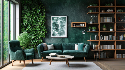 Green sofa and chairs in the living room.