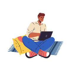Relaxing man at carpet with notebook. Vector male at home with laptop at freelance work. Adult on carpet recreation. Isolated freelancer human at home. Resting, leisure, relax people. Interior comfort