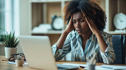 Woman feeling stressed while working on her laptop. She has her head in her hands, a pained expression on her face, signifying a headache, frustration, or exhaustion. - obrazy, fototapety, plakaty