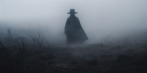 Intriguing silhouette of a mysterious figure standing amidst dense fog, creating a mood of suspense and enigma , concept of Enigmatic presence - obrazy, fototapety, plakaty