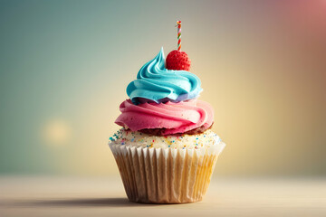 Beautiful cupcake on a neutral blurred background. Delicious sweets. Generative AI.