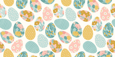 Happy Easter. Vector seamless pattern. Easter eggs with abstract flowers.