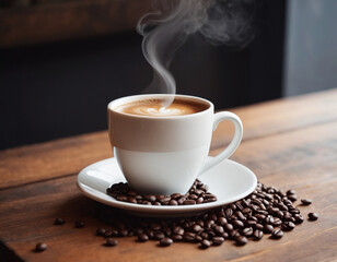 Fototapeta premium Cup of coffee on a wooden table generated by AI
