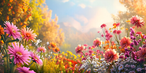 Fototapeta na wymiar Captivating Beauty of a Pink, Beautiful Tree in a Natural Vibrant Garden, Creating a Colorful Bouquet in Every Corner ,Tranquil Vibes in a Vibrant Meadow Under a Clear Blue Sky