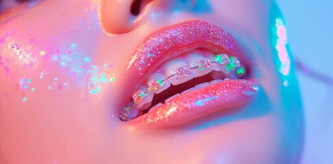 shiny braces on white teeth close up, rainobw bright make up lips, fashion and stylish mood - obrazy, fototapety, plakaty