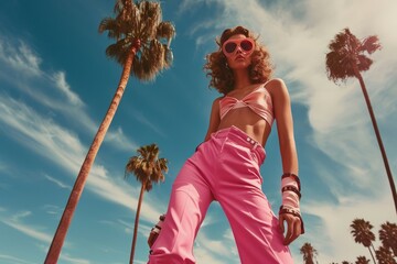 portrait of a cool girl with rollerblades on a sunny day, urban street with palms, evocative 70s era