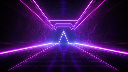 Abstract neon light geometric futuristic background. Glowing neon lines.  Purple Night club empty room technology hitech modern background. banner, poster, cover	 - obrazy, fototapety, plakaty