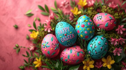 Fototapeta na wymiar Happy Easter background with red eggs. Banner, postcard, congratulation.