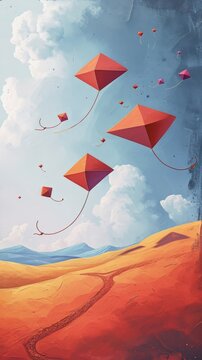 watercol rpainting illustration of kites flying in the sky, abstract freedom concept,  book tales illustration