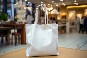 White shopping bag on table in shopping mall, shallow depth of field - obrazy, fototapety, plakaty