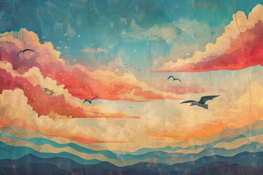 abstract watercolor painting illustration of sunset ocean landscape