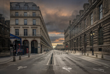 Paris, France - 09 23 2023: Rivoli Street at sunset with few people. - obrazy, fototapety, plakaty
