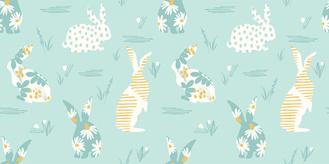 Happy Easter. Vector seamless pattern with abstract rabbits. - 711733947